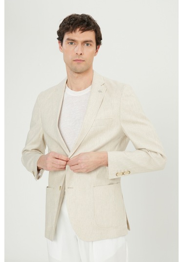 Erkek Bej Yumuşak Dokulu Keten Slim Fit Dar Kesim Mono Yaka Diagonal Desenli Ceket Bej