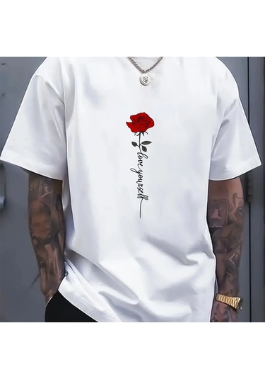 Guılan Erkek Yazlık %100 Pamuk Spor Tişört - Kırmızı Gül Desenli, Rahat Ve Gevşek Fitwhıte WHITE