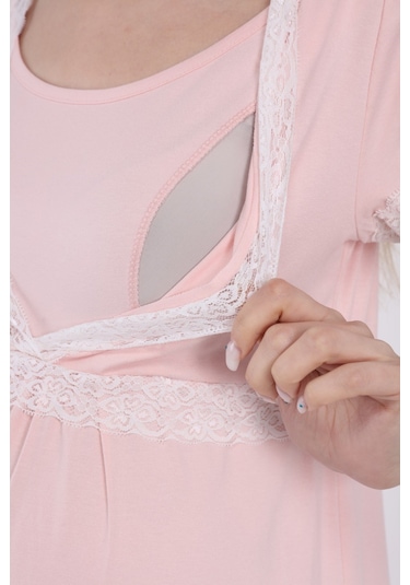 Luvmabelly Myra9680 Önden Bölmeli Dantelli Hamile Geceliği -pembe-pembe