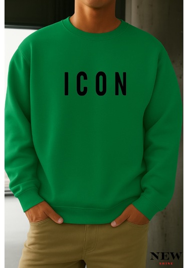 Icon Baskılı Bisiklet Yaka Sweatshirt Yeşil