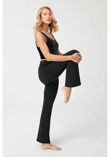 Siyah Yüksek Bel Çift Cepli İspanyol Paça Kadın Tayt SiYAH Siyah