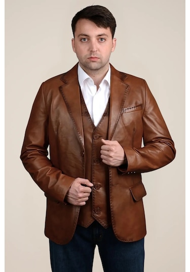 Derije Armada Hakiki Deri Erkek Taba Blazer Ceket & Yelek