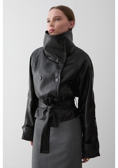 Siyah Düğmeli Kuşaklı Deri Ceket - 509261 Siyah