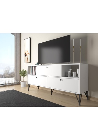 Wood'n Love Mia 160 Cm Metal Ayaklı Tv Ünitesi - Konsol - Beyaz / Siyah Kahverengi