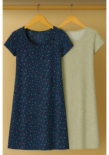 2 Adet Dökümlü Rahat Kalıp Günlük Penye Kumaş Elbise Lacivert - Yeşil