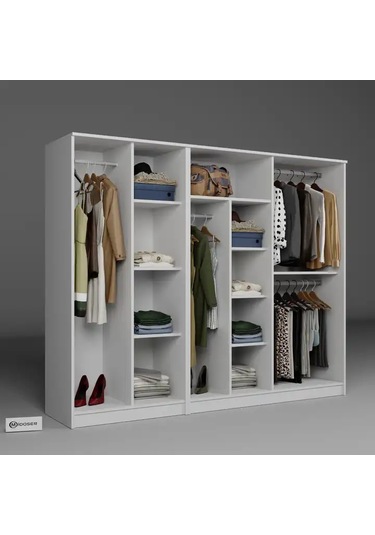 Kardelen Serisi 220 Cm Mat Beyaz 6 Kapılı 9 Raflı Elbise Dolabı - Gardırop Seti Beyaz