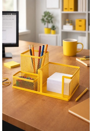 Need Nd-1034 Metal Mesh Masaüstü Organizer 3 Bölmeli, Çok Amaçlı Düzenleyici Sarı