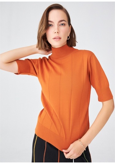 Peraluna Balıkçı Yaka Kısa Kollu İnce Basic Kadın Triko Bluz-Turuncu