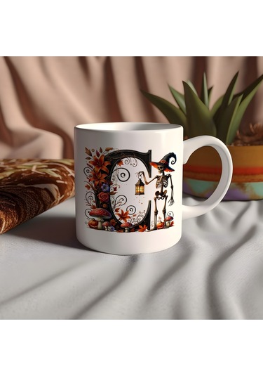 C Harfi Şapkalı İskelet Figürlü Ve Çiçekli Kupa Bardak - Cadılar Bayramı / Halloween Özel Hediye Beyaz