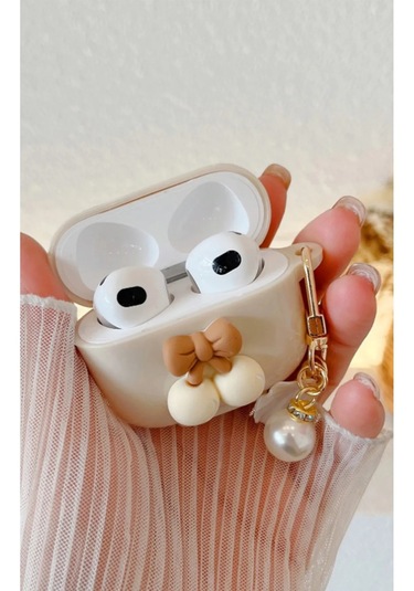 Airpods 4. Nesil 2024 Uyumlu Silikon Sevimli Figürlü Kılıf Krem