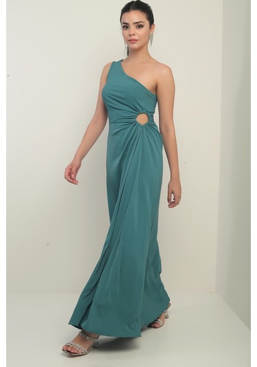 Kadın Tek Omuz Yan Pencere Detaylı Uzun Krep Saten Elbise-40843 Koyu Yeşil
