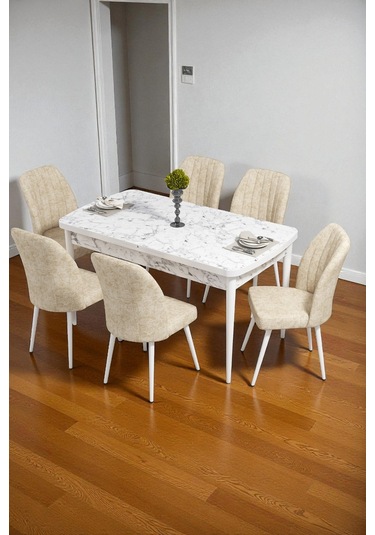 Bara Siyah Mermer 80x132 Açılabilir Sunta Masa Yemek Odası Takımı, Mutfak Takımı 6 Adet Sandalye Krem