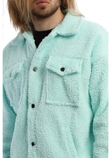 Erkek Kıvırcık Peluş Cıt Cıt Kapamalı Ceket Mint Mint Yeşili