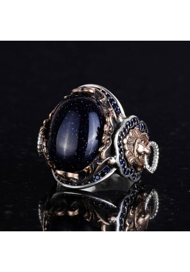 Hayvan Gümüş Yüzük, Mavi Güneş Taşı Üretilmiş Yüzük, 925 Ayar Gümüş Erkek Yüzük, Şık El Yapımı Gümüş Yüzük Gümüş