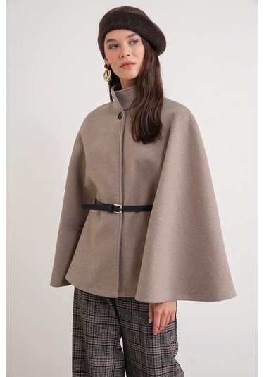 4768 Kadın Kemerli Panço Premium Kaşe Ceket Vizon VIZON