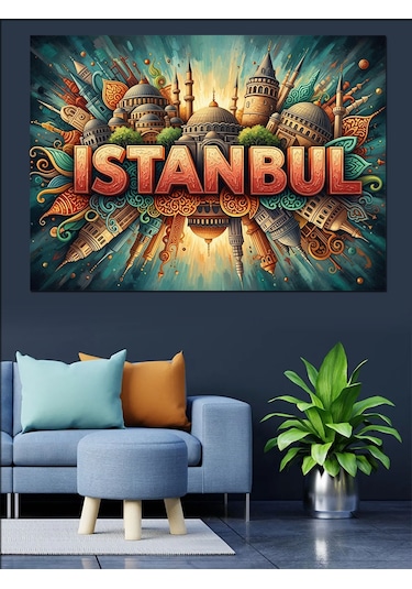 İstanbul İkonik Mimari Şehir Yazısı Dekoratif Kanvas - Mdf Ahşap Tablo