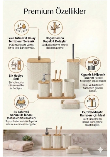 Makri Home Desenli 7 Parça Bambu Kapaklı Ve Aksesuarlı Banyo Seti Mavi