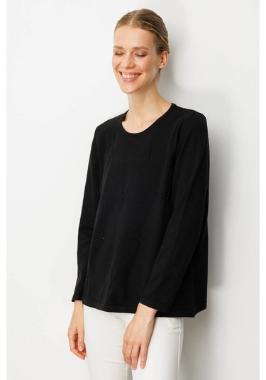 Desen Triko Kadın Sıfır Yaka Önü Pileli Boncuklu Ligralı Bluz 25095 Siyah Siyah