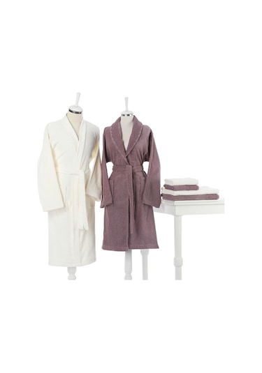 Özdilek Orkide Güpürlü Aile Bornoz Seti Krem - Mürdüm