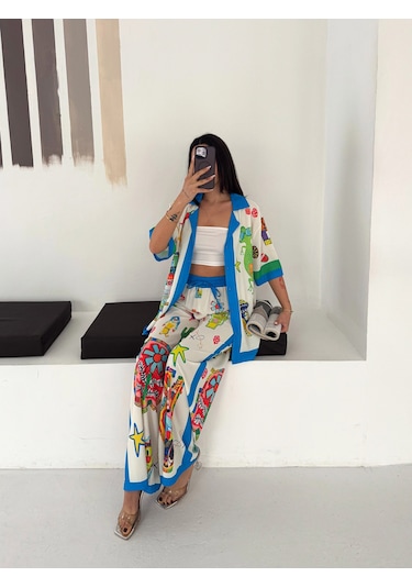 Asprin Fashion Egzotıc Baskılı Gömlek Pantolon Tkım Mavi