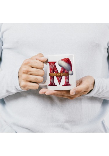 M Harfi Yılbaşı Temalı Bardak 330 Ml Harfli Kişiye Özel Hediye - Yeniyıl / Noel Şapka Tasarım Beyaz