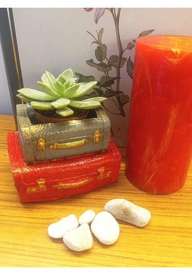 Artepieza Vintage Çift Bavul Saksı- Masaüstü Düzenleyici- Dekoratif Bavul Kalemlik Kırmızı-gri 12 8 1 Adet