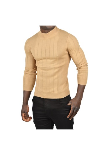 Deepsea Erkek Camel Yarım Balıkçı Yaka Çizgili Tüylenmeyen Slim Fit Triko Kazak 2505491 Camel