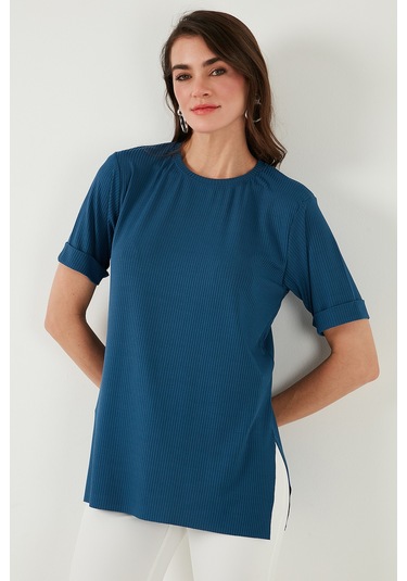 Lela Oversize Bisiklet Yaka Yırtmaç Detaylı Bayan Bluz 5869000 Indigo