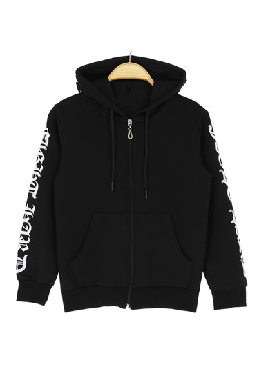 Erkek Çocuk Kolları Kapüşonu Yazı Desen Kanguru Cepli Siyah Hırka