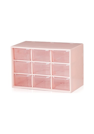 Dofolink Plastik 9 Bölmeli Çekmeceli Organizatör Kutusu - Toz Koruma, Parça Saklama, Pembe Renk Pembe
