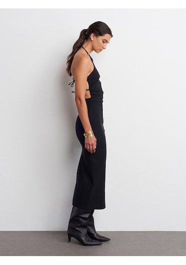 Dilvin 91518 Halter Yaka Midi Elbise-siyah Siyah