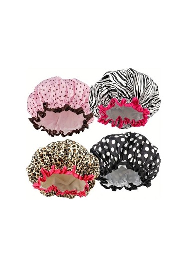 Elmpaly 4 Adet Çift Katlı Duş Bone - Zebra Leopar Nokta Çiçek Desenli Saç Koruyucu Diğer