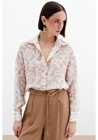 Desenli Viskon Gömlek - Gri-136024 Gri