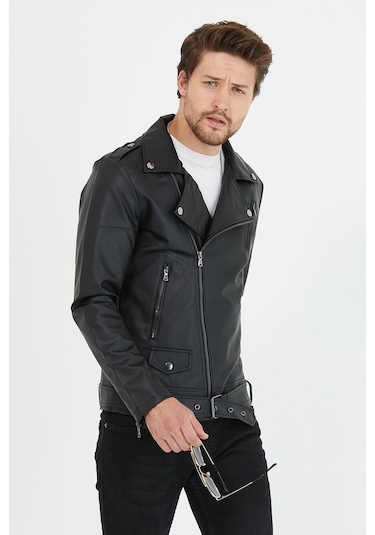 Erkek Siyah Yeni Sezon Çapraz Fermuarlı Kemerli Deri Ceket Mont-Siyah