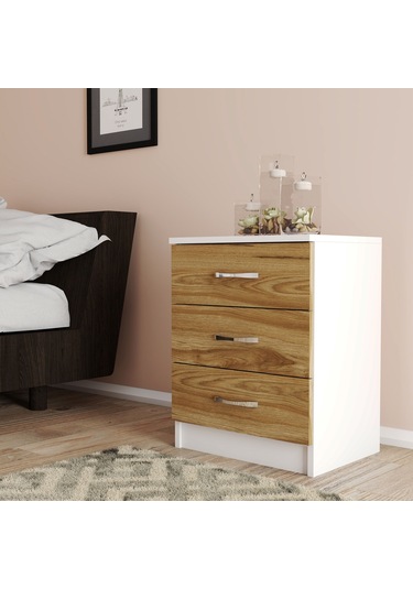 Moxen Mobilya Beyaz-Ceviz 3 Çekmeceli Komodin KMD3002