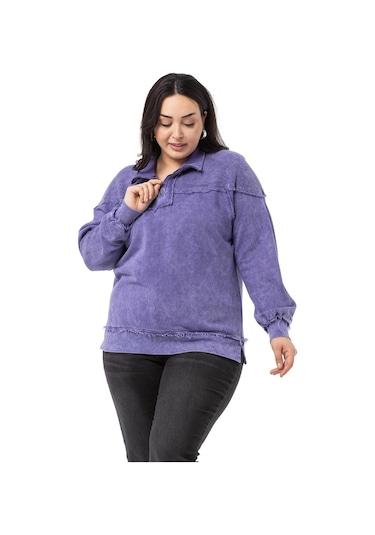 Büyük Beden Pis Dikişli Fermuarlı Yırtmaçlı Parça Boyalı Mor Sweatshirt-mor Mor