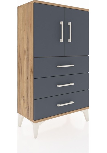 Arges Komodin 2 Raflı 3 Çekmeceli 2 Kapaklı 60x30x106 Çam-ant... Çam