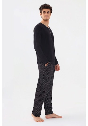 Erkek Pamuklu, Likralı, Yaka Düğmeli Ve Cep Detaylı Pijama Takımı Ko6300pj-1 Siyah