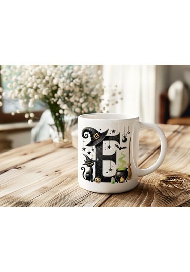 E Harfli Halloween Kedili Figür Kupa Bardak - Şapkalı Ve Kazanlı İsme Özel Kupa - Hediye 07 Beyaz