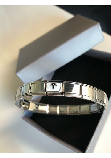 Erkek Kadın Çelik Bileklik - Tesla Logo Model Italy Nomi Charm Sevgiliye Eşe Babaya Gümüş