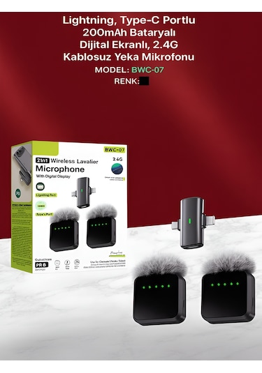 Lightining Type-c Girişli 200mah Dijital Ekranlı 2.4g Kablosuz Çift Yaka Mikrofonu Pro++