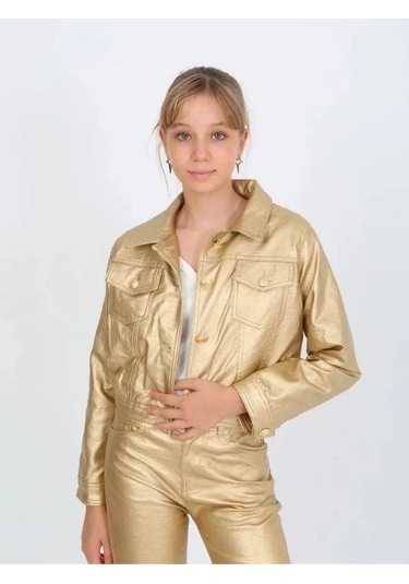 Kız Çocuk Gold Deri Ceket-14815 Altın