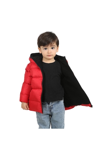 Freemen Erkek Çocuk Kırmızı Polarlı Kürklü Kapüşonlu Su Ve Rüzgar Geçirmez Şişme Kışlık Mont Kırmızı