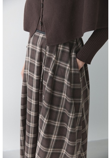 Kahverengi Deri Şeritli Ekoseli Etek - 4977 Kahverengi