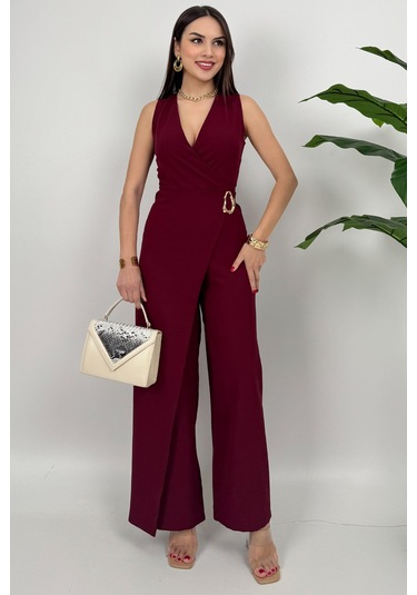 Crimson Icon Kadın Kemer Detaylı Askılı Bol Paça Bordo Tulum Rahat Şık Yazlık Kombin Bordo