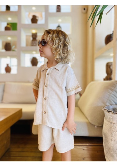 Kolları Nakışlı Gömlek Şort Keten Erkek Çocuk Takım Naturel