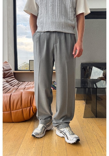 Flaw Çift Pileli Kumaş Pantolon Gri-27897 gri