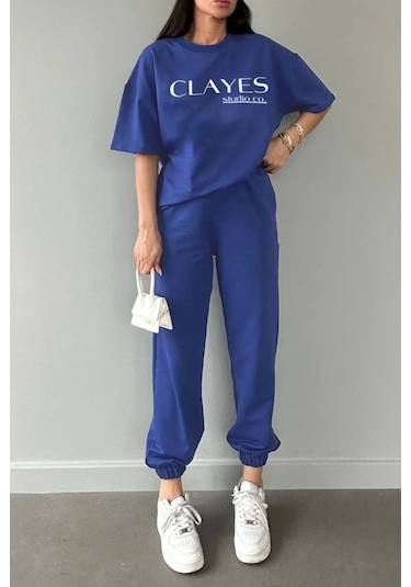 Studio Co Baskılı Saks Mavi T-shirt Eşofman Altı Takım - Oversize Bisiklet Yaka Saks Mavi
