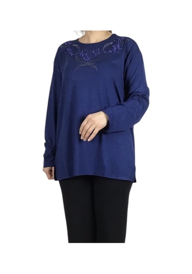 Kadın Yakası Taşlı Likralı Büyük Beden Bluz Arpbattal1 Mavi