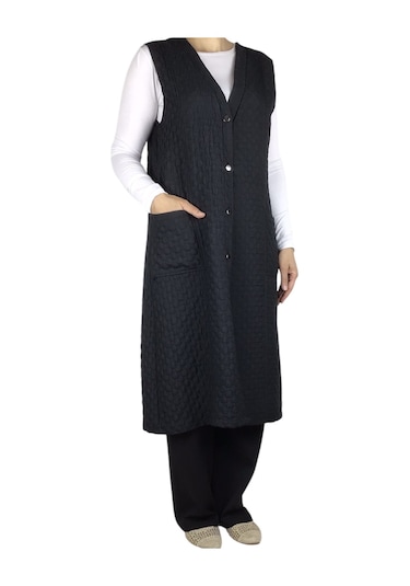 Kadın Önü Düğmeli Üstten Cepli Büyük Beden Kapitone Yelek Siyah